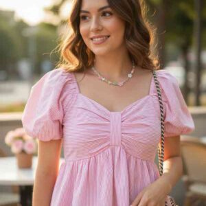 Girl model wearing pink crop top